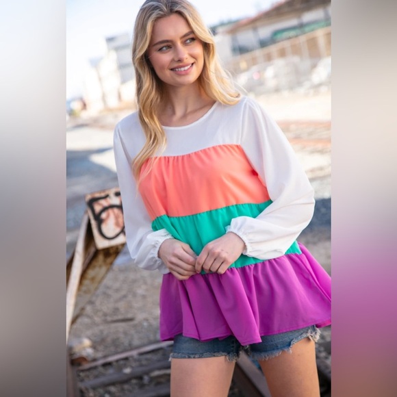 Ivory & Peach Woven Crepe Tiered Blouse - Picture 12 of 13